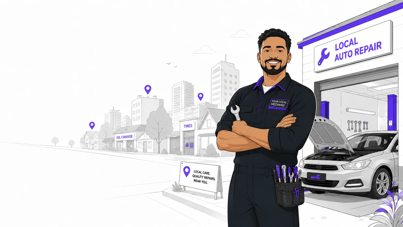 Illustration of a local mechanic standing in front of a garage