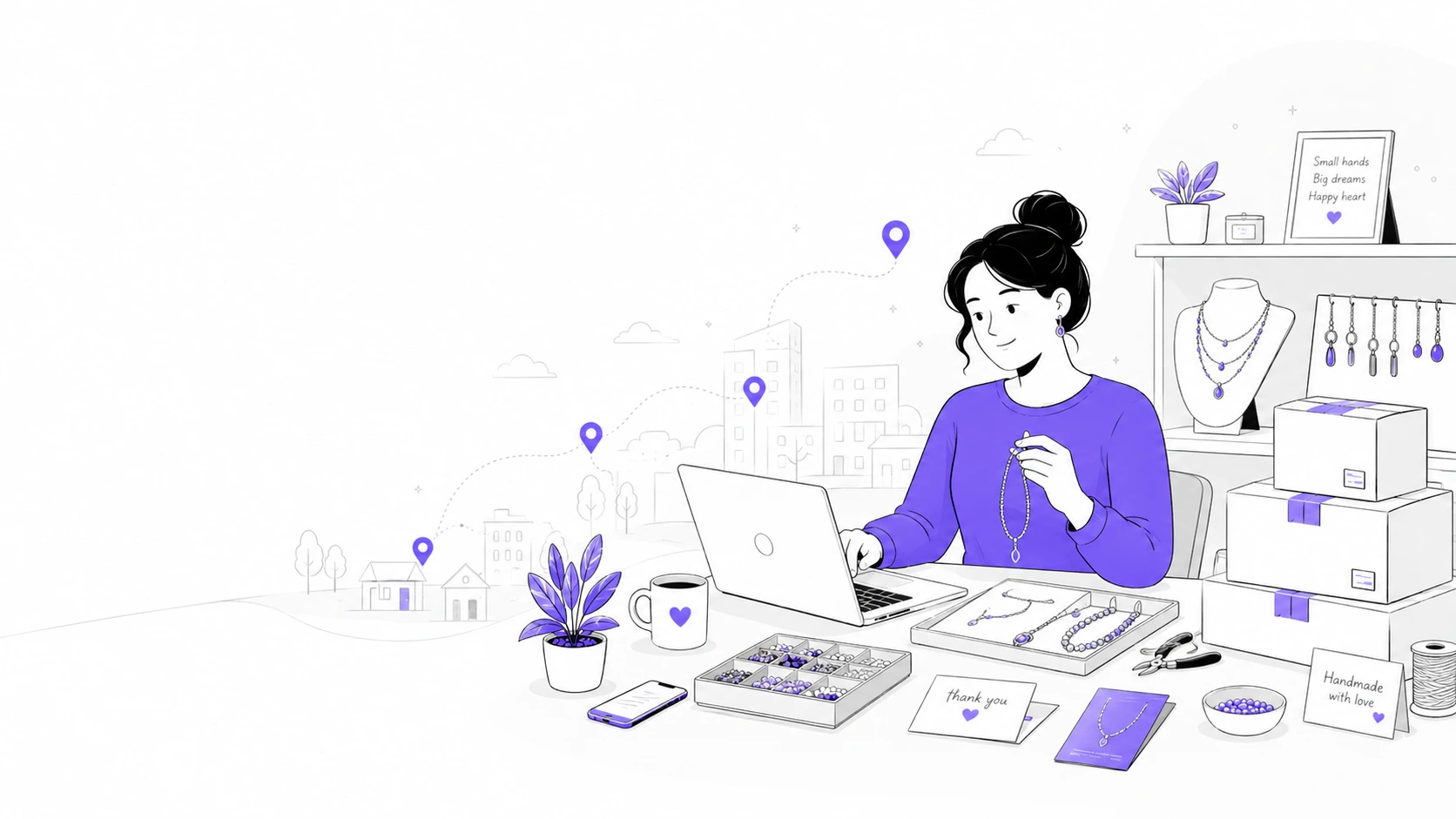Illustration of a stay-at-home jewelry maker shipping orders