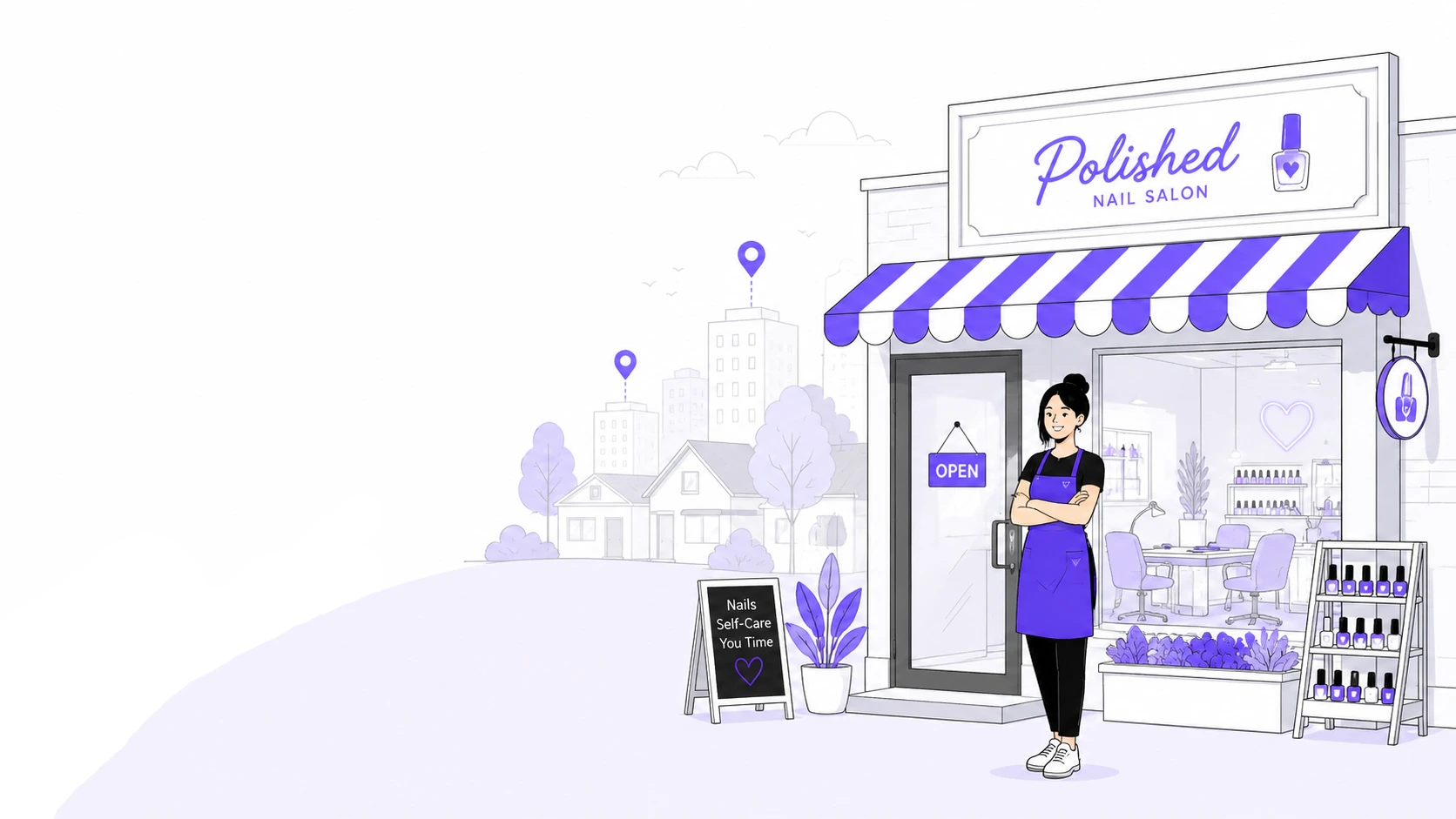 Illustration of a small nail salon storefront with owner