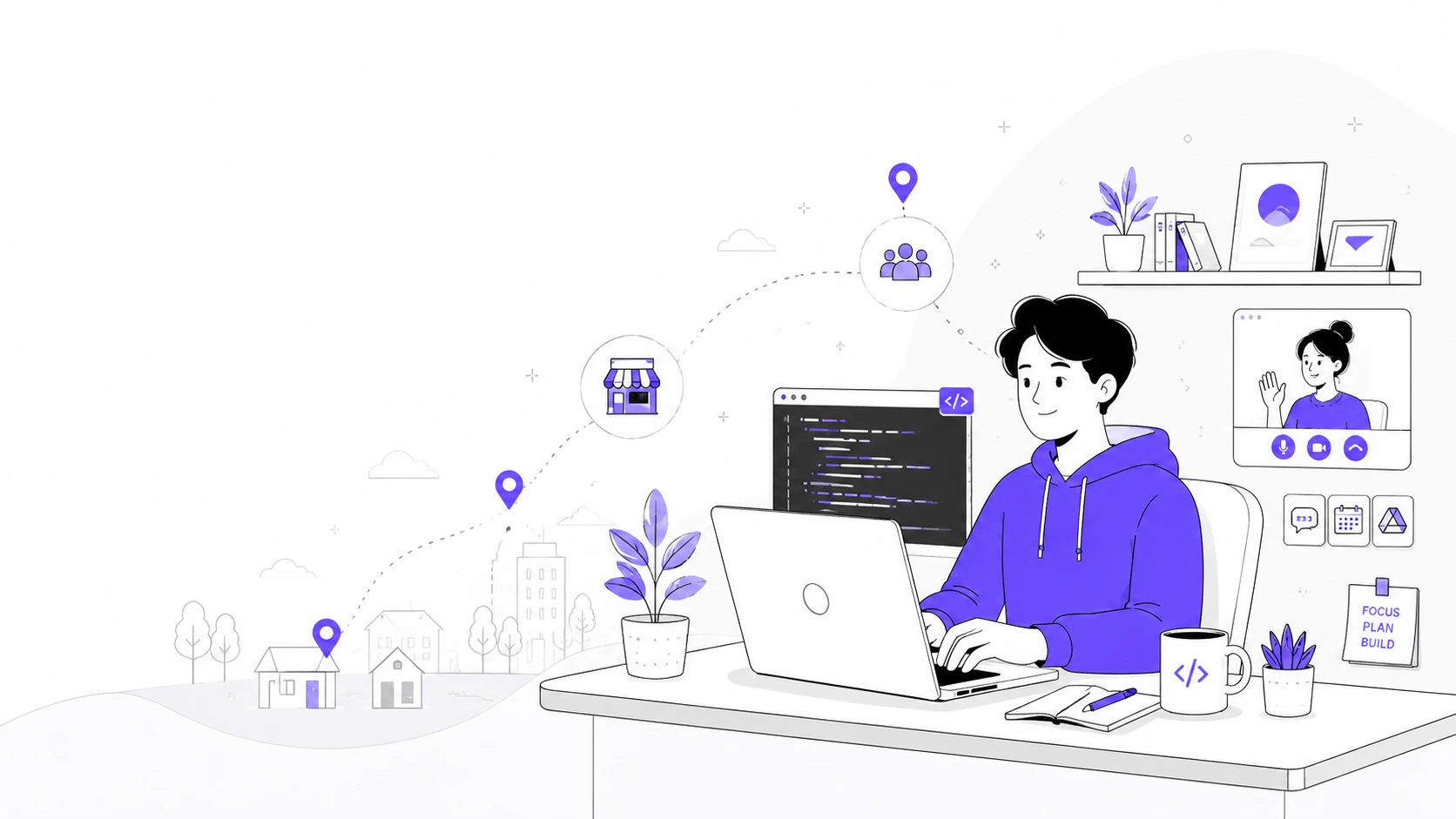 Illustration of a remote website developer talking to a client on video